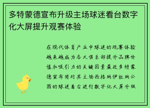 多特蒙德宣布升级主场球迷看台数字化大屏提升观赛体验