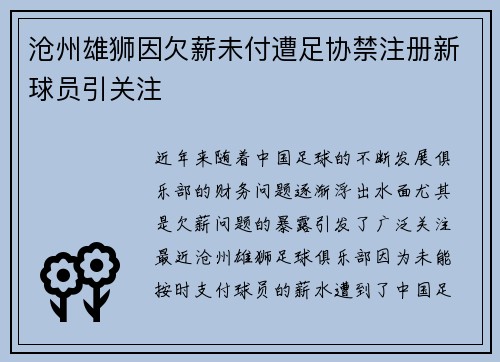 沧州雄狮因欠薪未付遭足协禁注册新球员引关注